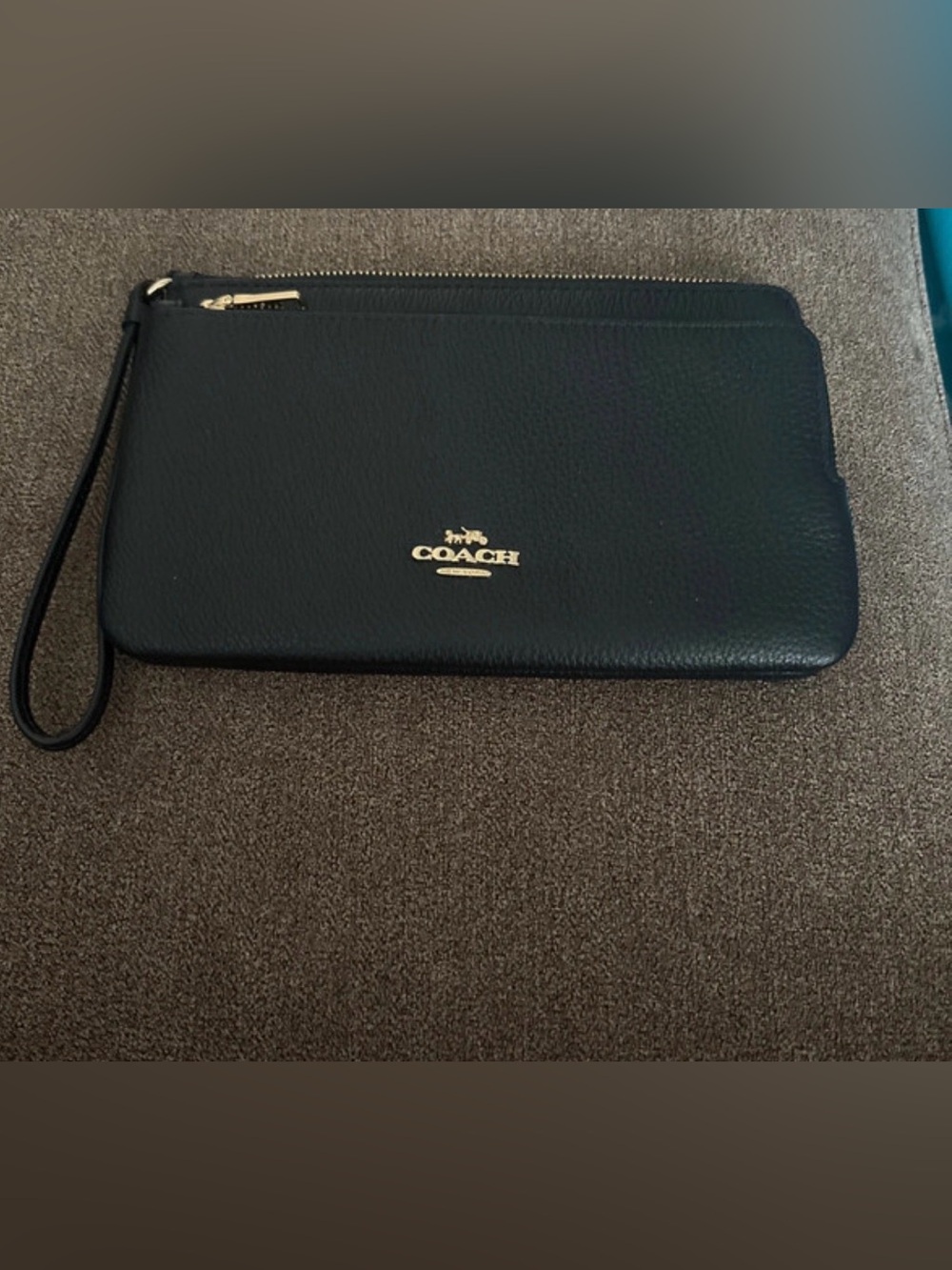 Coach Black Leather Zip Wristlet with Gold Logo